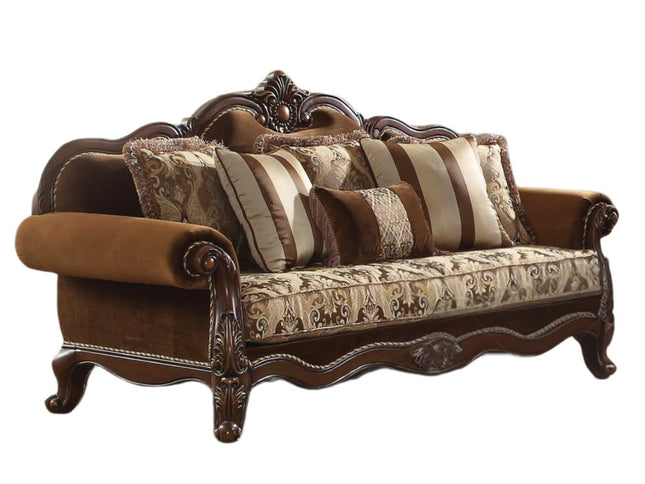 37" Oak Velvet Floral Sofa And Toss Pillows With Espresso Legs