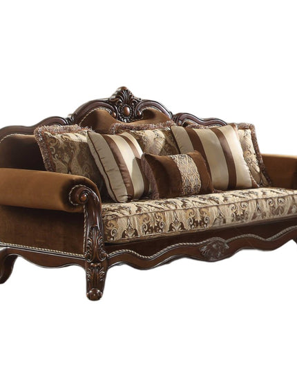 37" Oak Velvet Floral Sofa And Toss Pillows With Espresso Legs