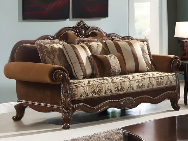 37" Oak Velvet Floral Sofa And Toss Pillows With Espresso Legs