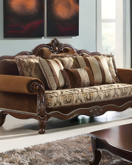 37" Oak Velvet Floral Sofa And Toss Pillows With Espresso Legs