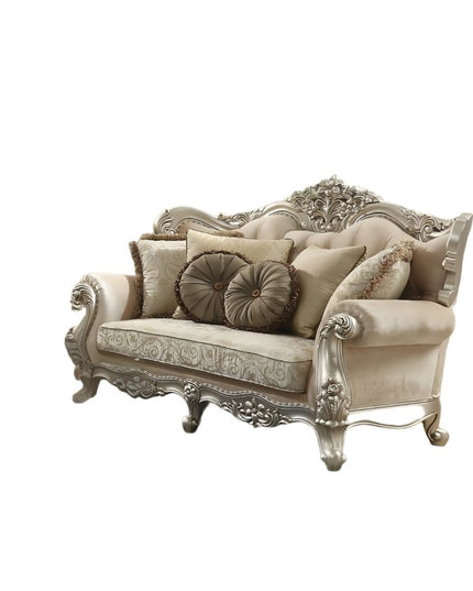 88" Champagne Velvet Curved Floral Sofa And Toss Pillows