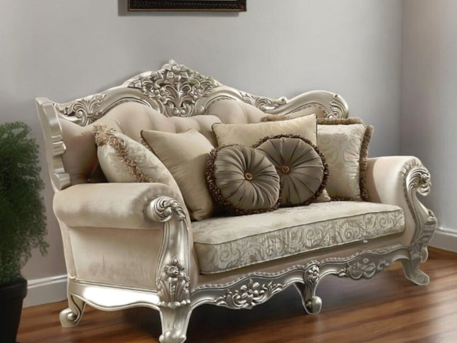 88" Champagne Velvet Curved Floral Sofa And Toss Pillows