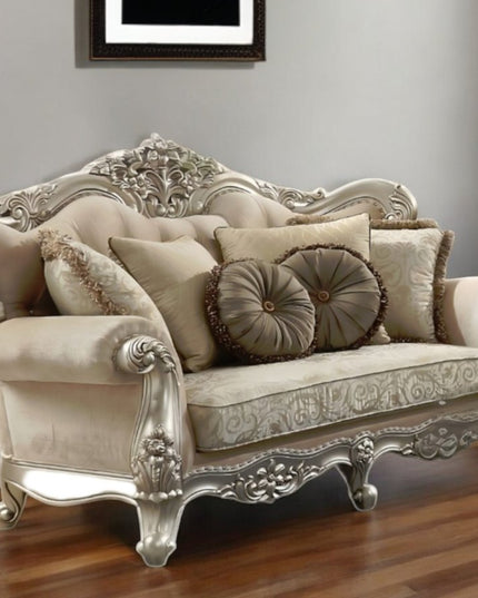 88" Champagne Velvet Curved Floral Sofa And Toss Pillows