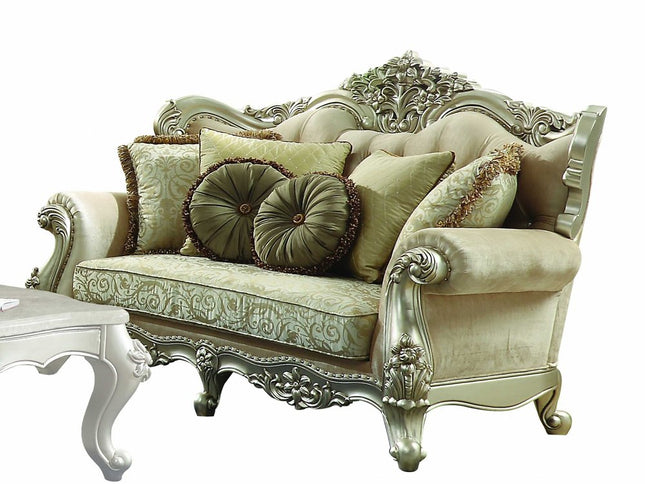 72" Green And Light Green Polyester Blend Damask Chesterfield Loveseat and Toss Pillows