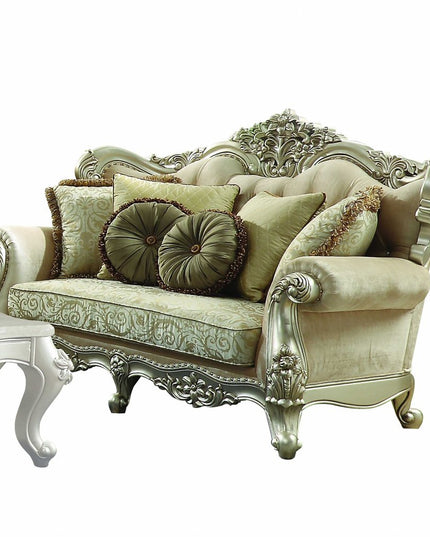 72" Green And Light Green Polyester Blend Damask Chesterfield Loveseat and Toss Pillows