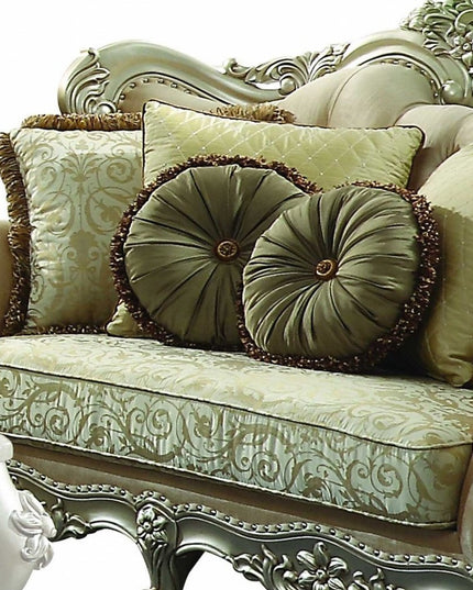 72" Green And Light Green Polyester Blend Damask Chesterfield Loveseat and Toss Pillows