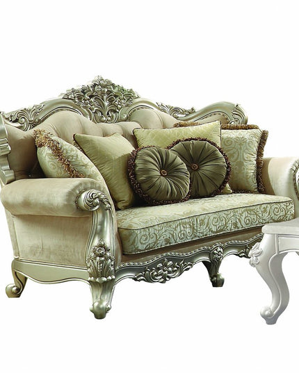 72" Green And Light Green Polyester Blend Damask Chesterfield Loveseat and Toss Pillows