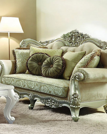 72" Green And Light Green Polyester Blend Damask Chesterfield Loveseat and Toss Pillows