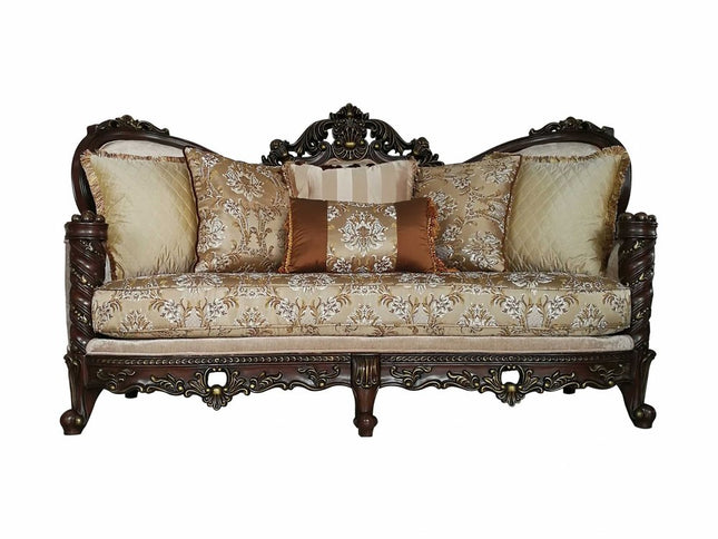 39" Beige Floral Sofa And Toss Pillows With Dark Brown Legs