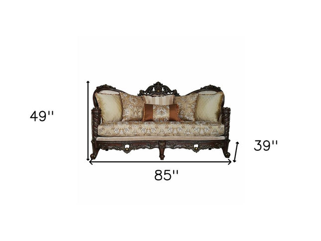 39" Beige Floral Sofa And Toss Pillows With Dark Brown Legs