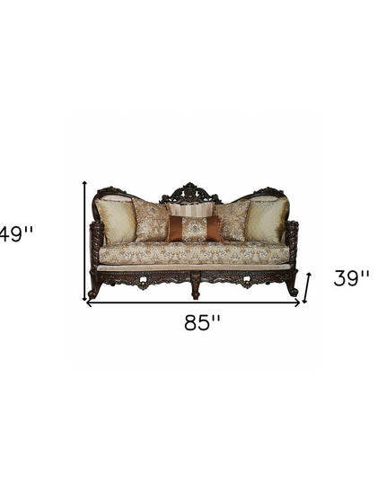 39" Beige Floral Sofa And Toss Pillows With Dark Brown Legs