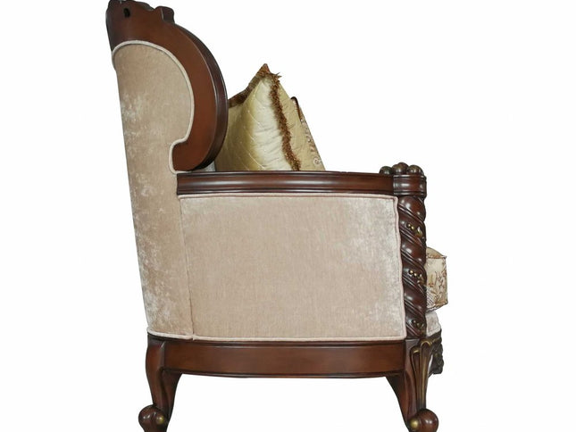 39" Beige Floral Sofa And Toss Pillows With Dark Brown Legs