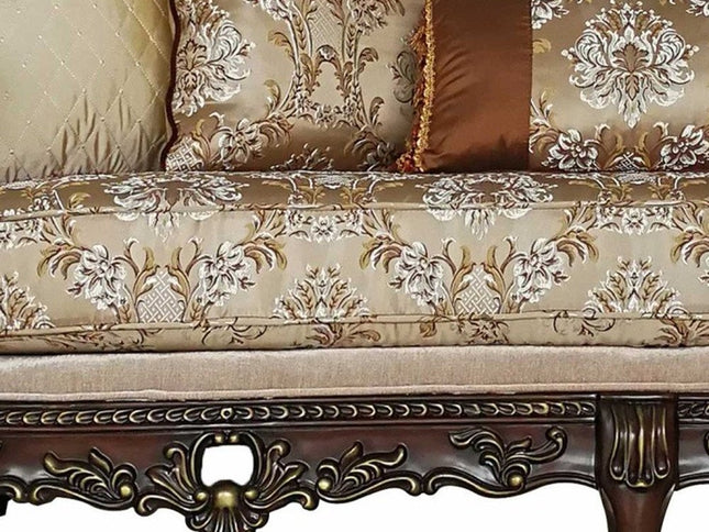 39" Beige Floral Sofa And Toss Pillows With Dark Brown Legs