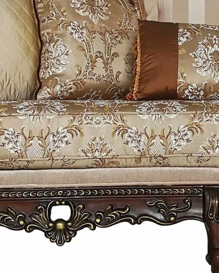 39" Beige Floral Sofa And Toss Pillows With Dark Brown Legs