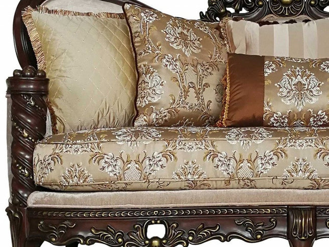 39" Beige Floral Sofa And Toss Pillows With Dark Brown Legs