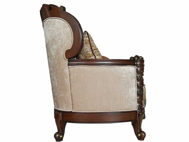 68" Cream And Brown Damask Chesterfield Loveseat and Toss Pillows