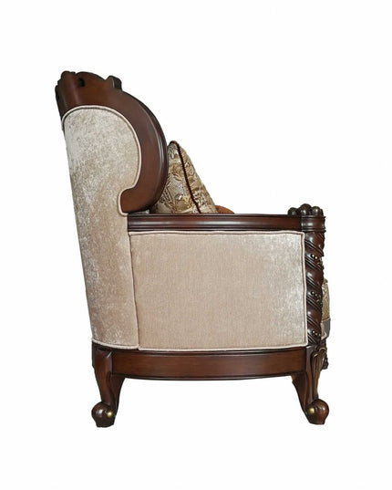 68" Cream And Brown Damask Chesterfield Loveseat and Toss Pillows