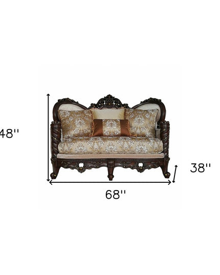 68" Cream And Brown Damask Chesterfield Loveseat and Toss Pillows