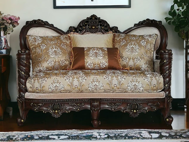 68" Cream And Brown Damask Chesterfield Loveseat and Toss Pillows