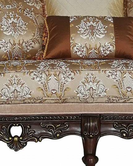 68" Cream And Brown Damask Chesterfield Loveseat and Toss Pillows