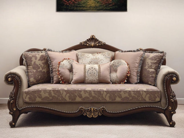88" Beige Velvet Floral Sofa And Toss Pillows With Brown Legs