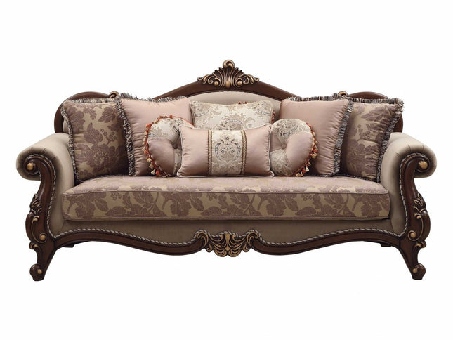 88" Beige Velvet Floral Sofa And Toss Pillows With Brown Legs