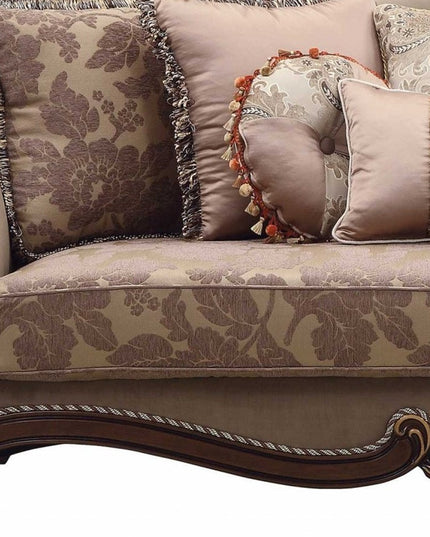 88" Beige Velvet Floral Sofa And Toss Pillows With Brown Legs