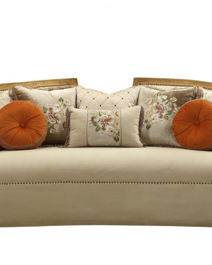 41" Beige Velvet Curved Sofa And Toss Pillows With Natural Legs