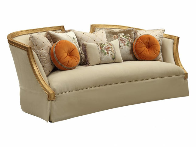 41" Beige Velvet Curved Sofa And Toss Pillows With Natural Legs