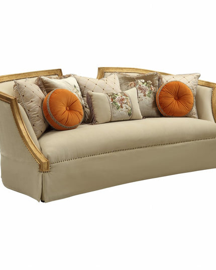 41" Beige Velvet Curved Sofa And Toss Pillows With Natural Legs