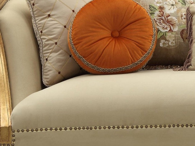 41" Beige Velvet Curved Sofa And Toss Pillows With Natural Legs