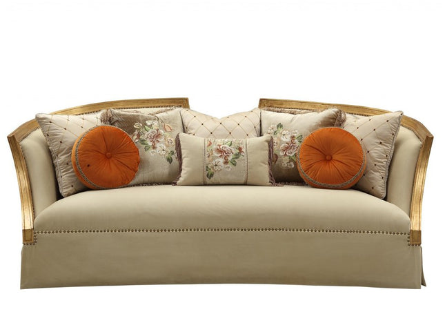 41" Beige Velvet Curved Sofa And Toss Pillows With Natural Legs
