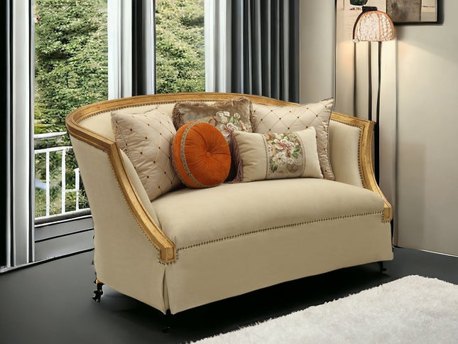 70" Tan And Gold Curved Loveseat and Toss Pillows