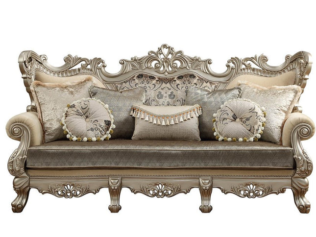 41" Champagne Cotton Blend Curved Floral Sofa And Toss Pillows