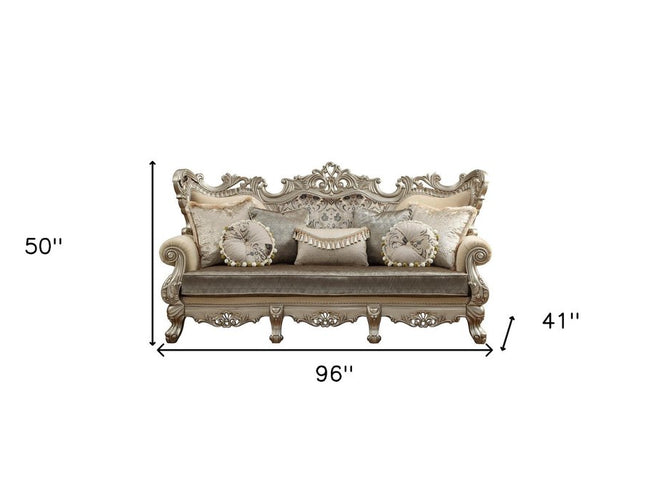 41" Champagne Cotton Blend Curved Floral Sofa And Toss Pillows