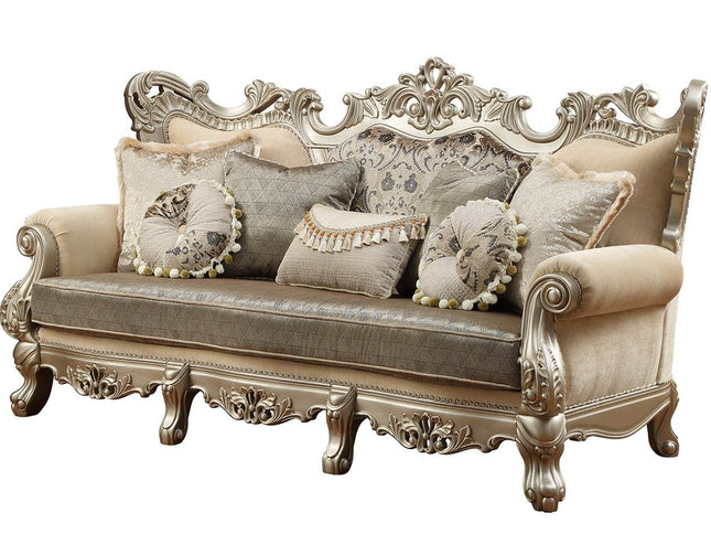 41" Champagne Cotton Blend Curved Floral Sofa And Toss Pillows