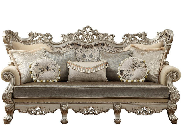 41" Champagne Cotton Blend Curved Floral Sofa And Toss Pillows