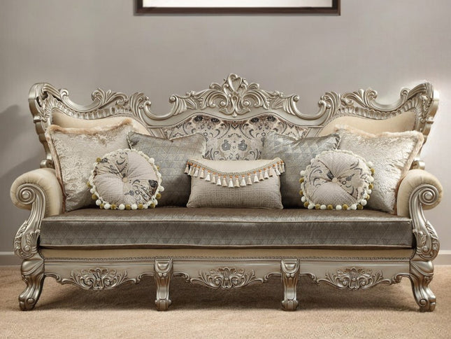 41" Champagne Cotton Blend Curved Floral Sofa And Toss Pillows