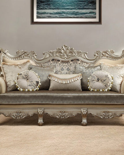 41" Champagne Cotton Blend Curved Floral Sofa And Toss Pillows