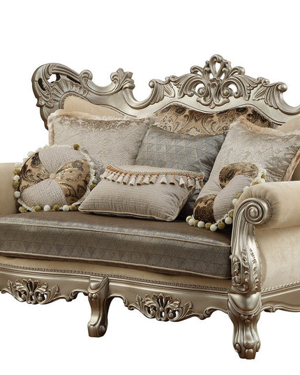 72" Cream And Platinum Damask Chesterfield Loveseat and Toss Pillows