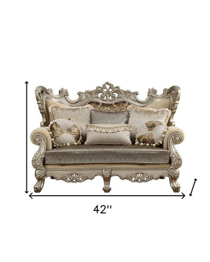 72" Cream And Platinum Damask Chesterfield Loveseat and Toss Pillows