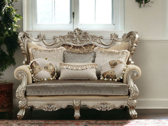 72" Cream And Platinum Damask Chesterfield Loveseat and Toss Pillows