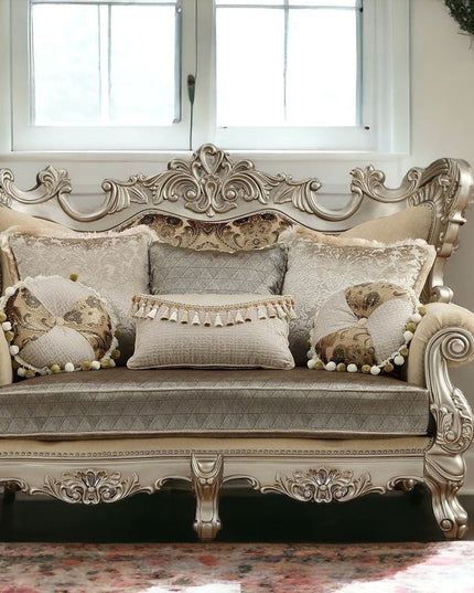 72" Cream And Platinum Damask Chesterfield Loveseat and Toss Pillows