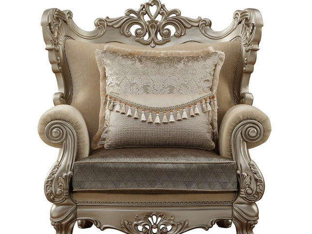 47" Beige Green and Champagne Fabric Geometric Arm Chair And Toss Pillow