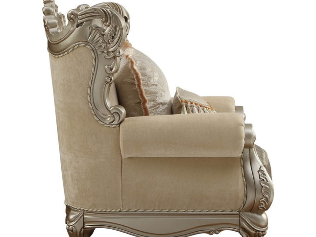 47" Beige Green and Champagne Fabric Geometric Arm Chair And Toss Pillow