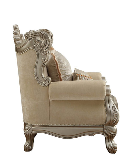 47" Beige Green and Champagne Fabric Geometric Arm Chair And Toss Pillow