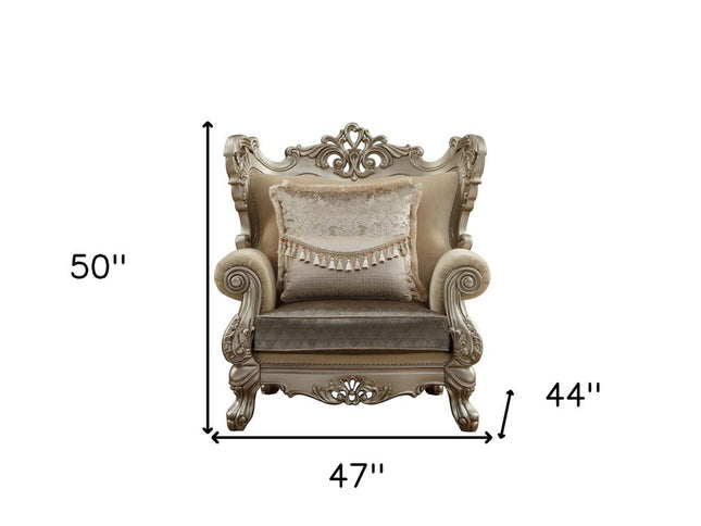 47" Beige Green and Champagne Fabric Geometric Arm Chair And Toss Pillow