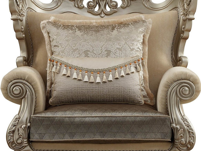 47" Beige Green and Champagne Fabric Geometric Arm Chair And Toss Pillow