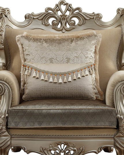 47" Beige Green and Champagne Fabric Geometric Arm Chair And Toss Pillow