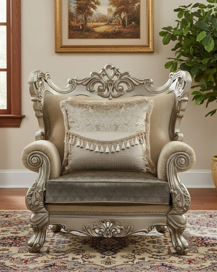 47" Beige Green and Champagne Fabric Geometric Arm Chair And Toss Pillow